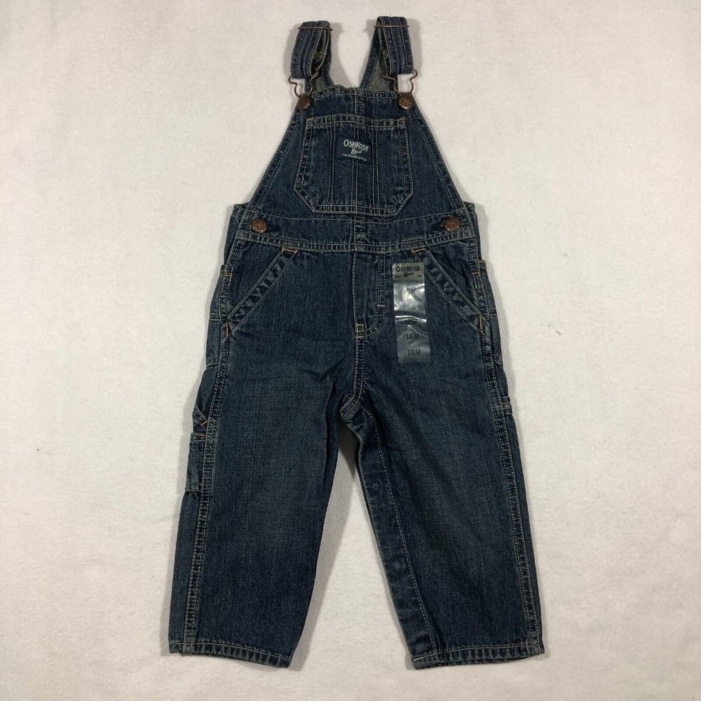 Oshkosh B'Gosh Kids 18 Months Toddler Bib Overalls Blue Dark Wash Snaps NEW NWT